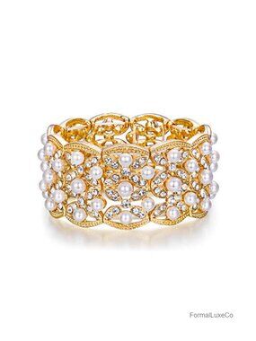 Vintage Style Crystal Simulated Pearl Art Deco Leaf Elastic Stretch Bracelet